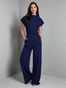 Ensemble de Détente pour Femme en Maille Côtelée Haut Portefeuille Manches Courtes Pantalon Large Couleur Unie Deux Pièces