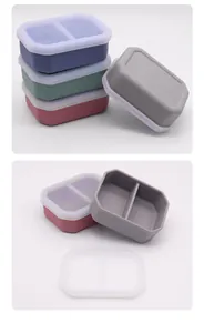 Detail view of double-compartment silicone pet bowls in multiple colors with lids.