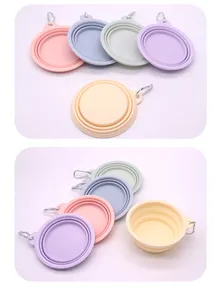Folded and unfolded views of colorful portable silicone pet bowls with clips
