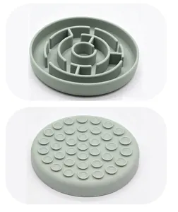 Detail of silicone pet slow feeder bowl showing labyrinth top and suction cup bottom