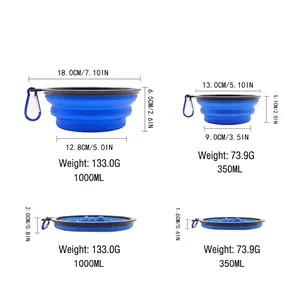 Set de gamelles pliables en silicone pour chien en deux tailles avec dimensions détaillées