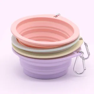 Set of portable collapsible silicone pet bowls with carabiner clips for outdoor travel