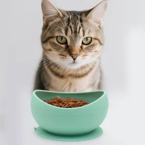 Anti-topple mint green silicone cat bowl with suction base and neck protection