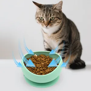 Anti-topple silicone cat bowl with suction cup base and large opening
