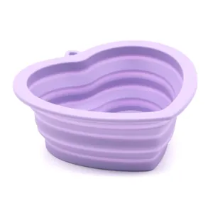 Portable heart-shaped purple silicone collapsible pet bowl for outdoor feeding and water