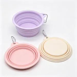 Portable folding silicone pet bowls in purple, pink and beige with metal carabiners