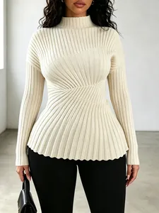 Detailed view of cream ribbed knit high-neck sweater featuring unique cinched waist pleats