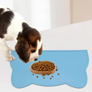 Non-slip light blue silicone pet placemat for dogs and cats with overflow-proof edge