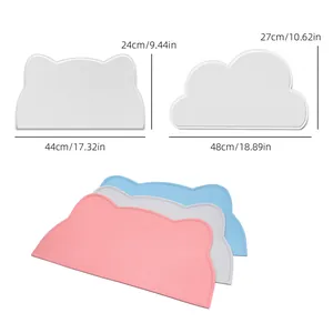 Non-slip waterproof silicone pet placemats in cat and cloud shapes with size info
