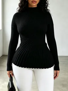 Black high-neck ribbed knit sweater with peplum hem and slim fit detailed texture