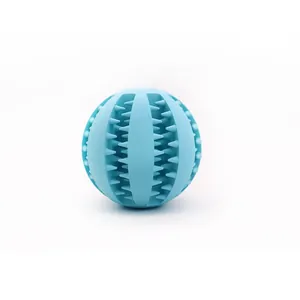 Durable blue spiky rubber dog toy ball designed for teeth cleaning and food dispensing