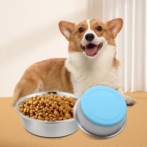 Large capacity stainless steel dog feeding bowl with non-slip blue silicone base