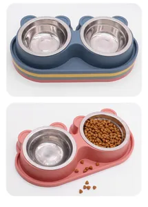Juego de cuencos dobles de acero inoxidable para mascotas con base de orejas de oso