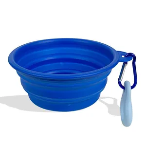 Ciotola pieghevole in silicone blu per cani con moschettone portatile per uso esterno