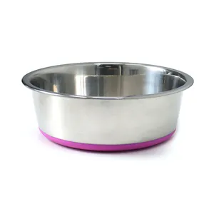 Durable stainless steel dog bowl with pink anti-slip silicone base for food and water