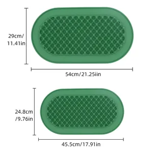 Green silicone dog slow feeder lick mats in two sizes with detailed dimension markings
