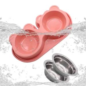 Cuenco doble rosa con forma de oso e insertos de acero inoxidable para mascotas