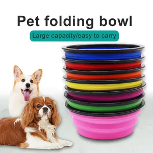 Colorful stack of portable silicone folding pet bowls for dogs with a cute Corgi dog