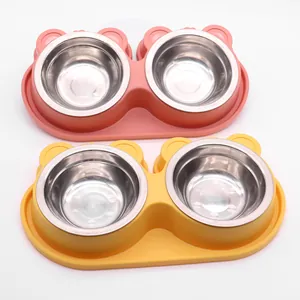 Cuencos dobles de acero inoxidable para mascotas con base antivuelco diseño de rana