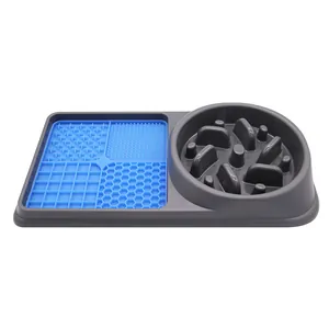 Set 2 en 1 comedero lento para perros y alfombra de silicona para lamer, gris y azul