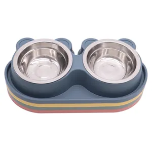 Cuenco doble de acero inoxidable para mascotas con base antideslizante para gatos