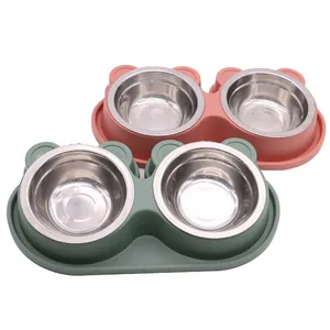 Cuenco doble antideslizante para mascotas con insertos de acero para perros y gatos