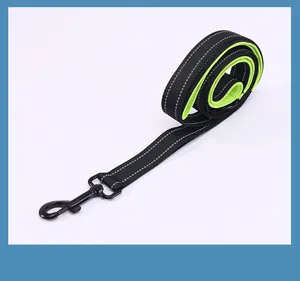 Durable nylon dog leash with reflective stitching and neon green padded lining.