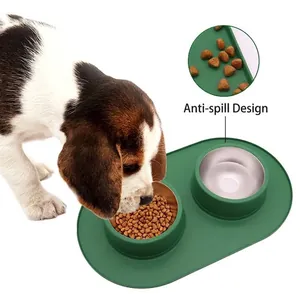 Stainless Steel Double Pet Bowl With Non-Slip Silicone Mat Anti-Spill Feeding Utensils For Cats Dogs Food Water Bowl