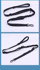 Vues détaillées d'une laisse pour chien bungee noire avec un mousqueton métallique robuste