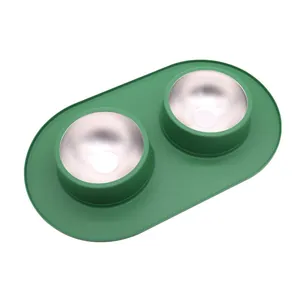High-quality double stainless steel pet bowls with non-slip green silicone feeding mat