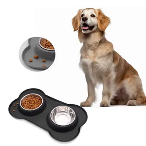 Stainless Steel Double Pet Bowls With Non-Slip Silicone Base Bone Shaped Anti-Spill Dog Cat Feeder Set Durable Food Water Bowls