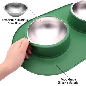 Double pet bowl set with removable stainless steel bowls and green silicone mat