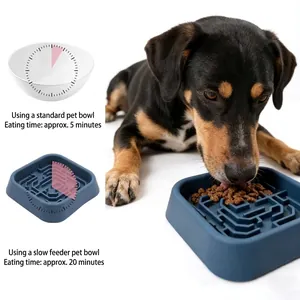 Blue silicone slow feeder bowl for dogs with maze design to prevent choking and fast eating