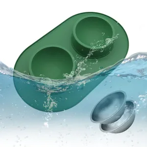 Durable double stainless steel pet bowls set with waterproof non-slip green silicone base mat