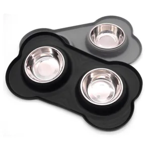 Double stainless steel pet bowls set with bone-shaped non-slip anti-spill silicone mat
