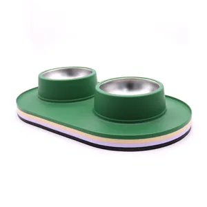 Non-slip double stainless steel pet bowl with green silicone mat for dogs and cats