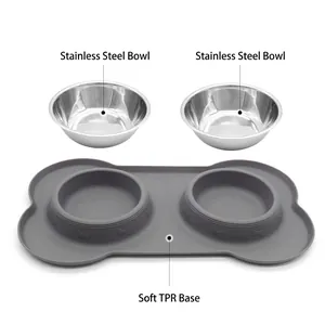 Double stainless steel pet feeding bowls with a grey non-slip bone-shaped TPR soft base
