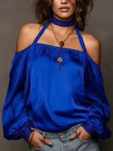 Elegant royal blue off-the-shoulder matte satin blouse with balloon sleeves for women