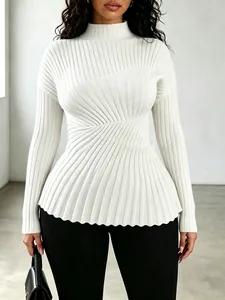 Close-up detail of white high neck ribbed knit sweater with unique diagonal peplum