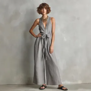 Dames Elegante Mouwloze Jumpsuit Met V-hals Effen Kleur Wijde Pijpen Lange Romper Met Strik Taille Zomer Mode Top