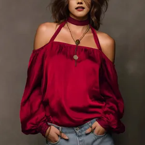 Elegant burgundy matte satin off-shoulder blouse with matching choker neck strap for women