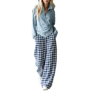 Ensemble deux pièces pour femme avec pantalon large à carreaux rétro et haut en maille col V