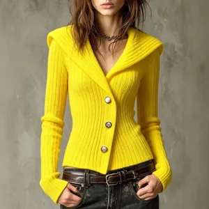 Damen Slim Fit Strickjacke Gerippt V Ausschnitt Langarm Einreihig Top Polyester Elasthan Elastisch Einfarbig Herbst Pullover