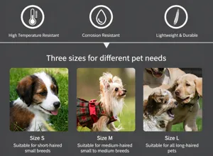 Pet grooming comb feature icons and size guide for different hair types