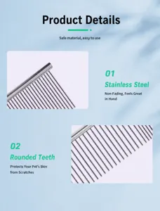 Macro detail of stainless steel pet grooming comb featuring safe rounded metal pins.