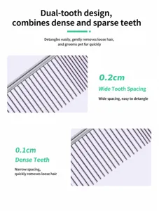 Macro view of dual-density pet comb teeth with 0.1cm and 0.2cm spacing details.