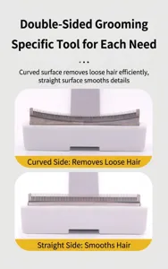 Close-up of double-sided pet grooming tool with curved and straight stainless blades