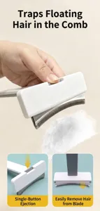 Detailed view of the pet deshedding tool featuring a curved blade and easy hair release button.