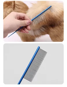 Detail view of a professional stainless steel pet grooming comb for cats and dogs