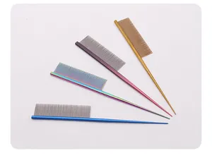 Detailed view of four colorful stainless steel pet tail combs in blue, gold and rainbow